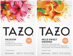 TAZO Passion Tea bag with hibiscus and tropical notes for a refreshing caffeine-free sip.