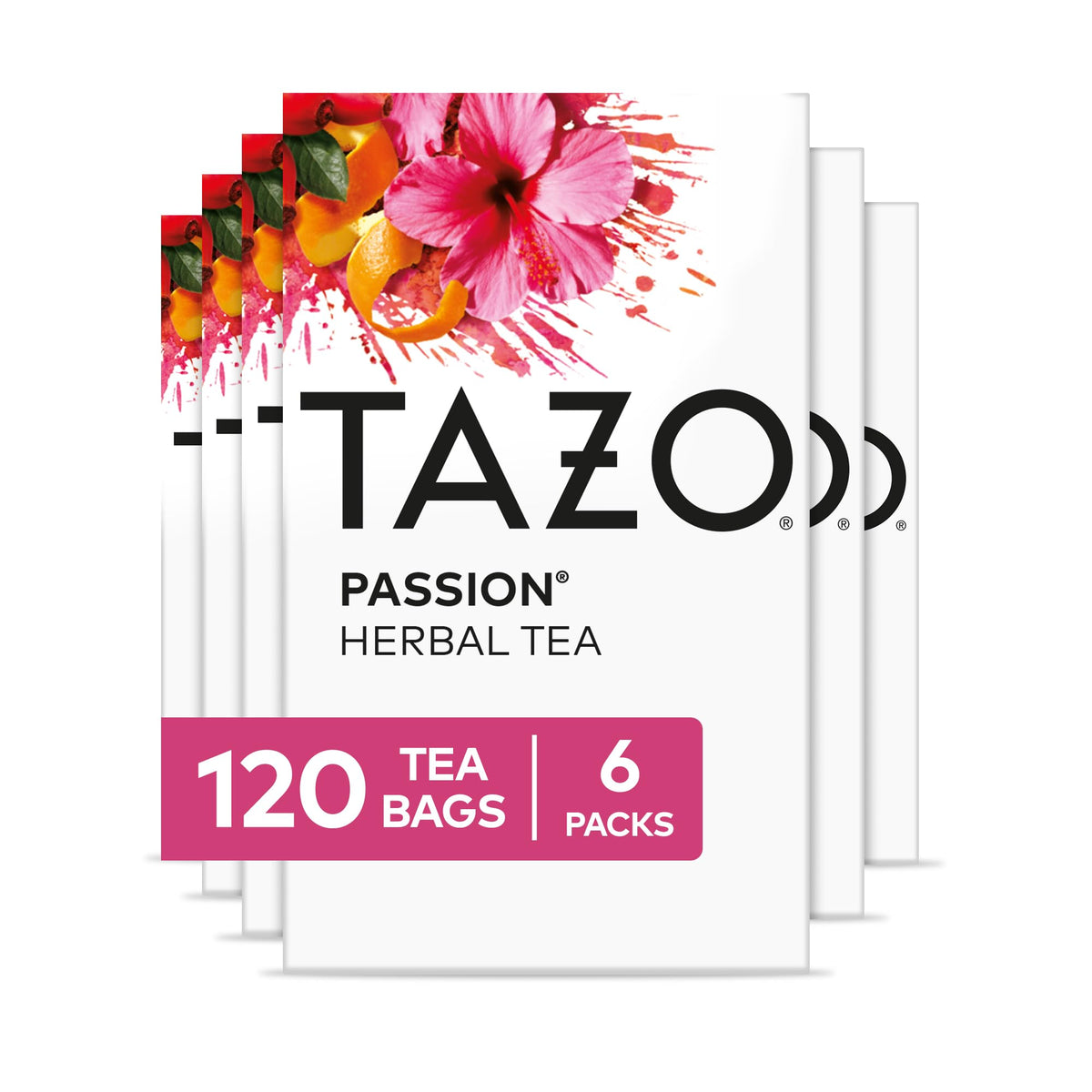 TAZO Passion Tea Bags six-pack boxes for convenient hot or iced brewing