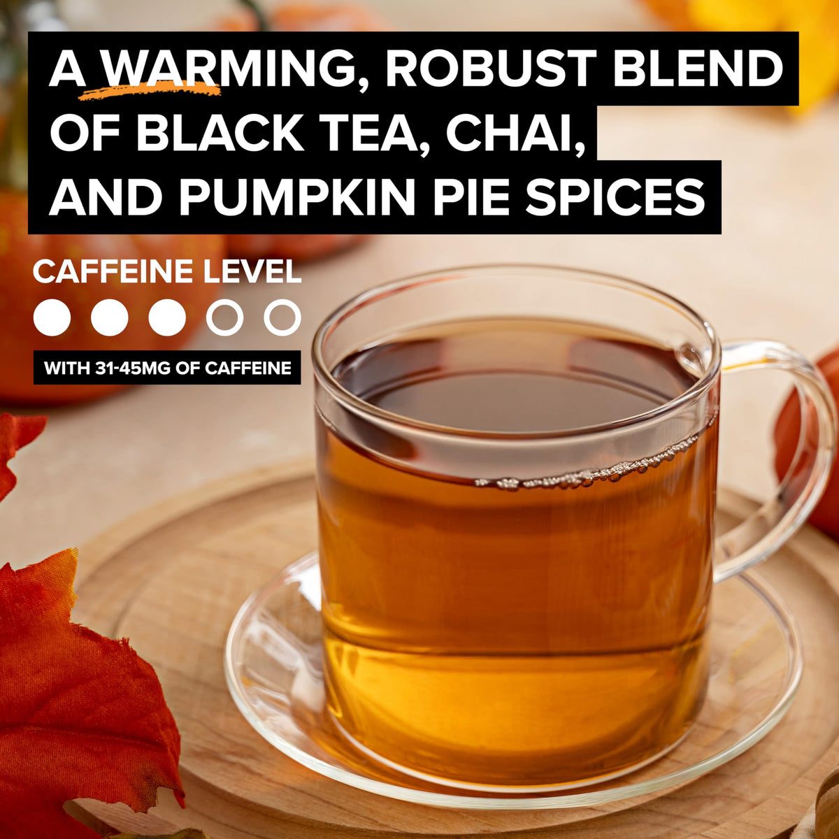 Steam rising from tea emphasizes cinnamon, ginger, and pumpkin spice aroma.