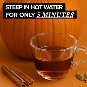 Label on TAZO Pumpkin Spice Chai shows Non-GMO and Kosher certification for quality.