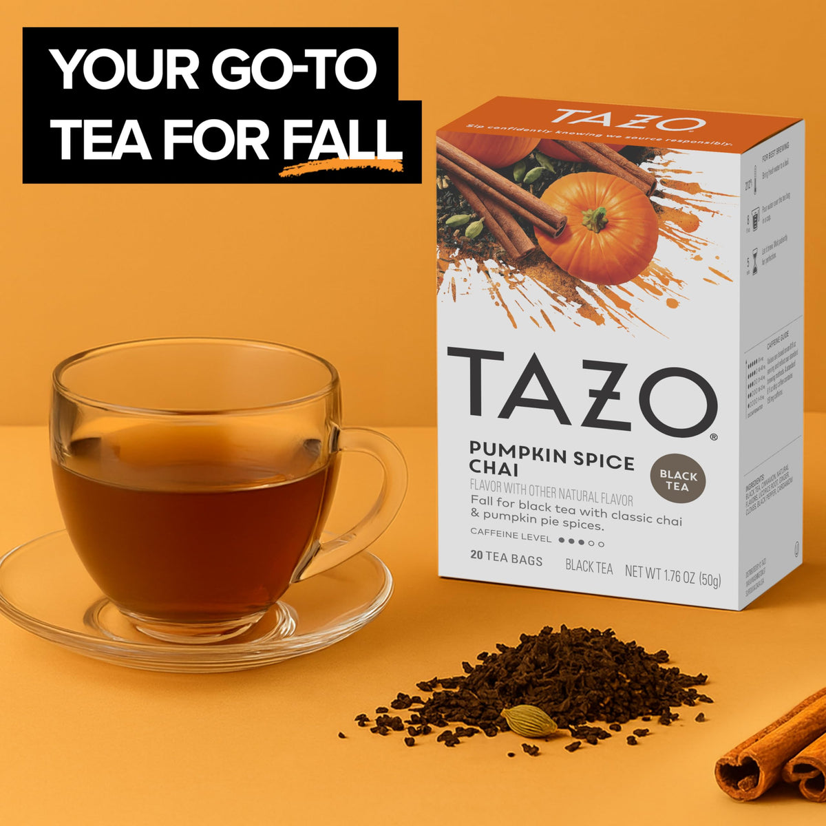Closeup of TAZO Pumpkin Spice Chai tea bags highlighting bold black tea and spices.