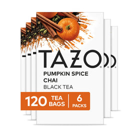 TAZO Pumpkin Spice Chai tea bags in packaging showing warm seasonal flavor and quality.