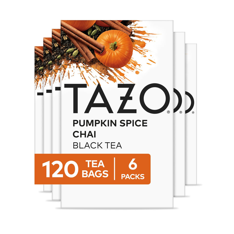 TAZO Pumpkin Spice Chai tea bags in packaging showing warm seasonal flavor and quality.