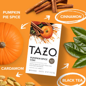 Brewing cup with TAZO Pumpkin Spice Chai, yielding a rich aromatic brew.