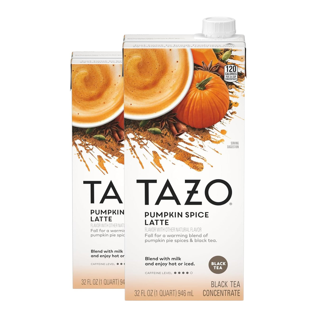 TAZO Pumpkin Spice Latte concentrate bottle pour for cafe-quality lattes at home.