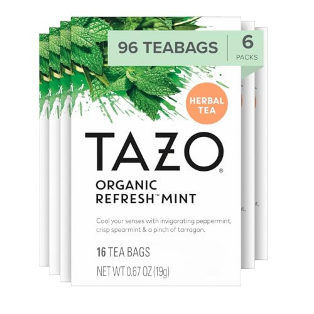 Tazo Refresh Mint tea bags in a box highlight peppermint and spearmint for caffeine-free refreshment.