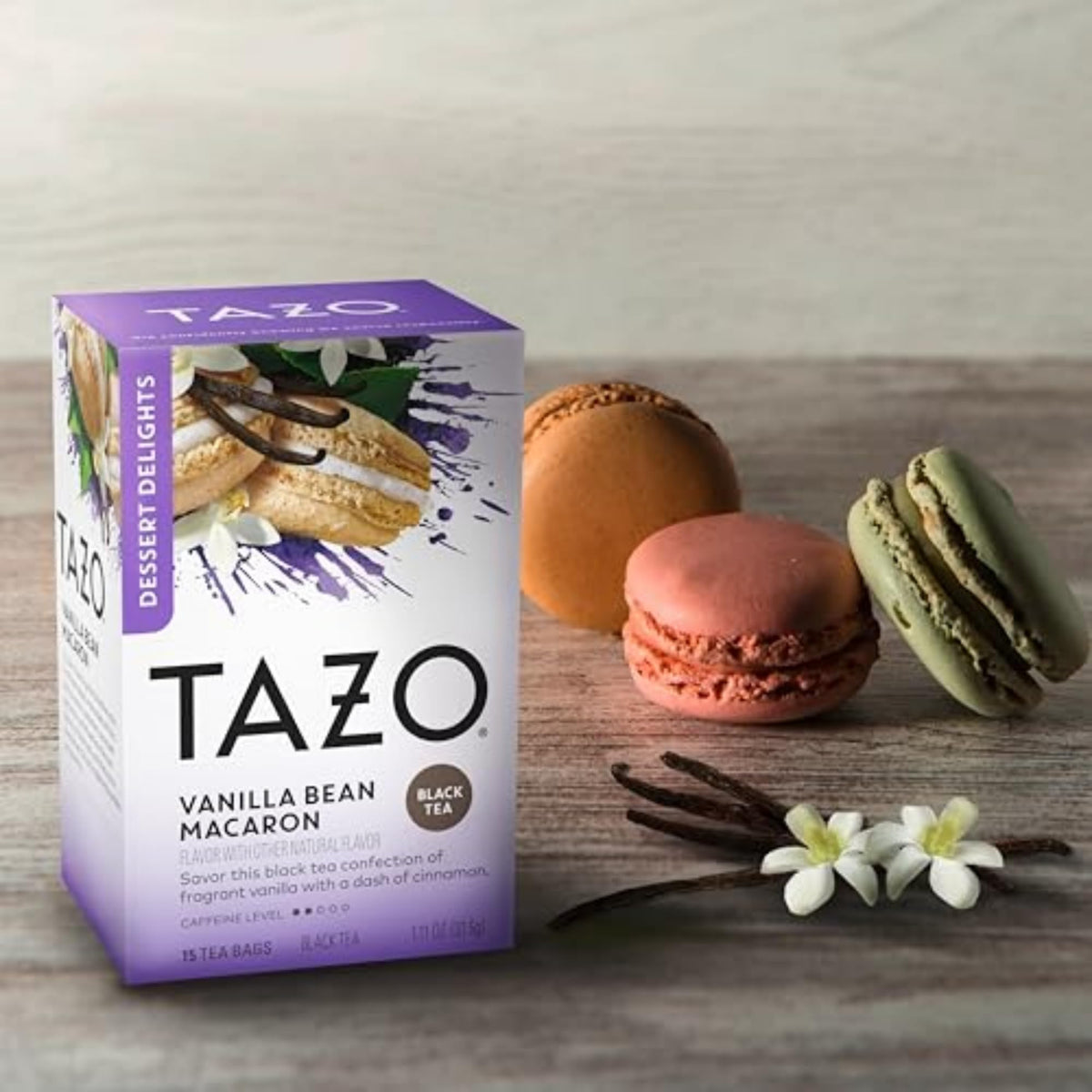 Steeping Vanilla Bean Macaron tea for a quick flavorful moment