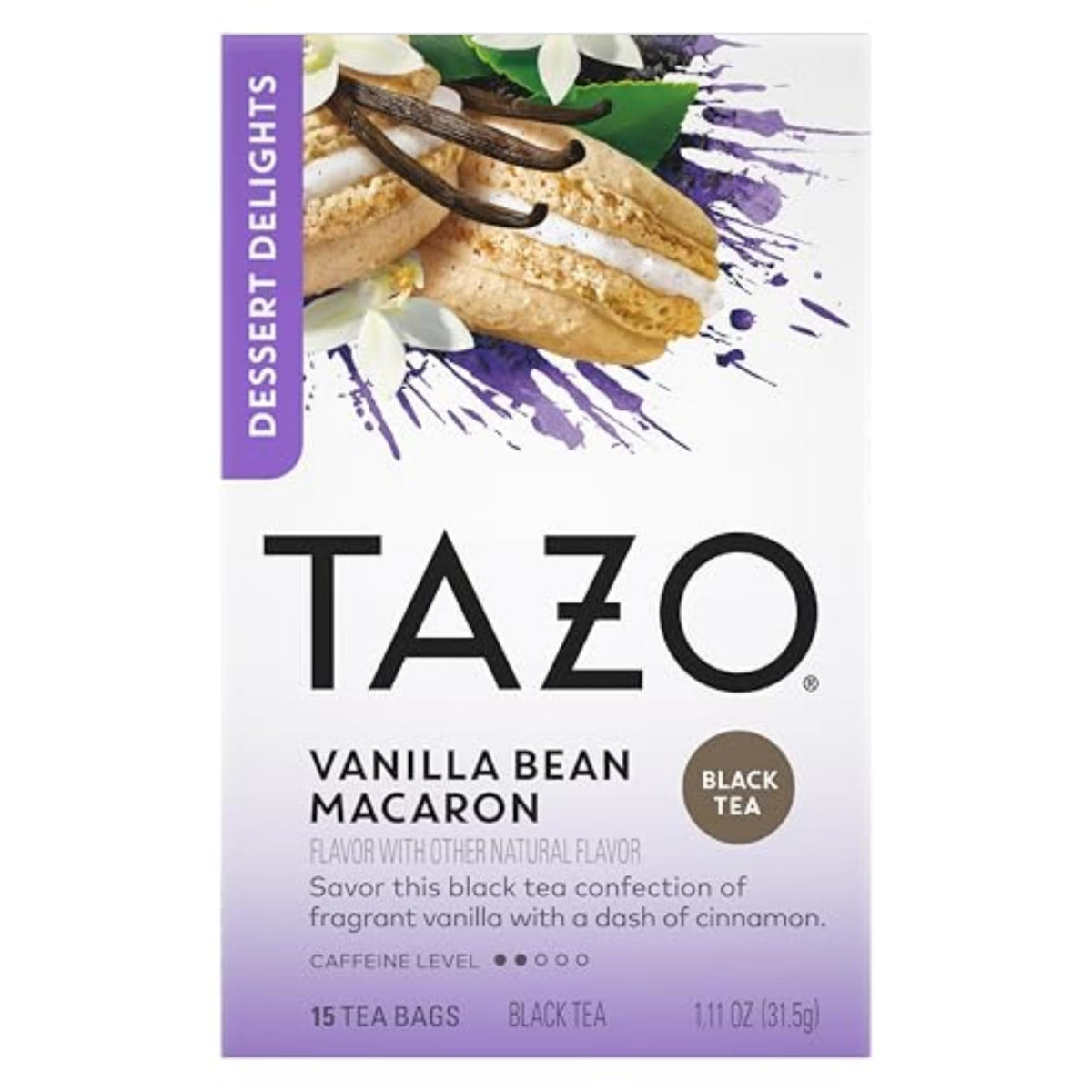 Cup of TAZO Vanilla Bean Macaron tea showing rich black tea brew aroma