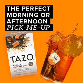 TAZO Vanilla Caramel Chai box packaging on a kitchen counter