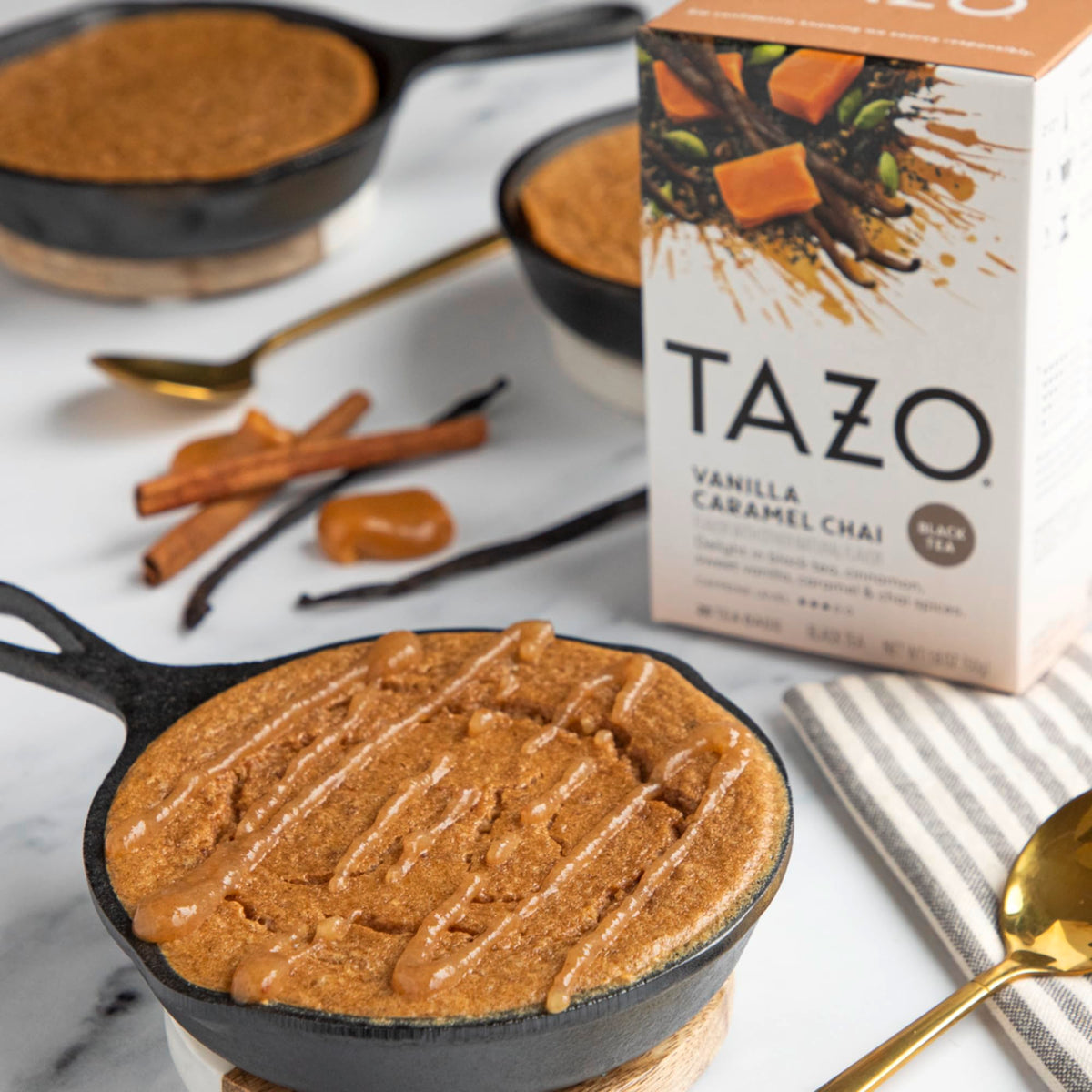 TAZO Vanilla Caramel Chai cup steaming, a cozy afternoon pick-me-up