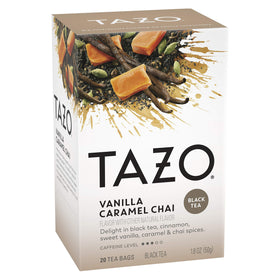 TAZO Vanilla Caramel Chai packaging highlights non-GMO certification.