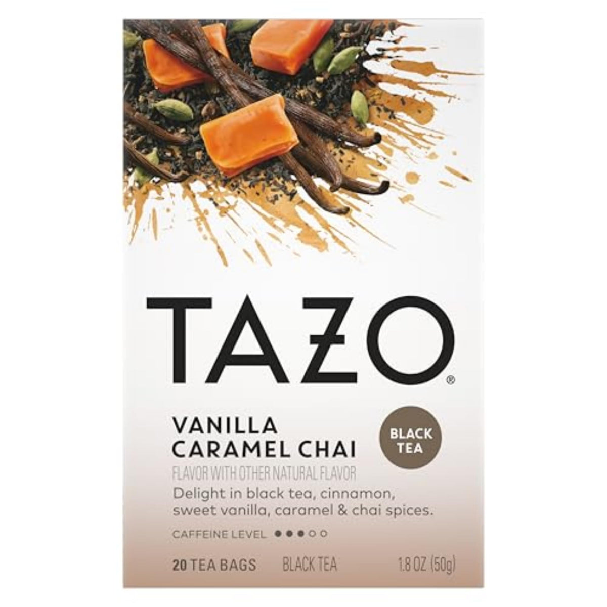 Tazo Vanilla Caramel Chai steeping cup releasing rich aroma.