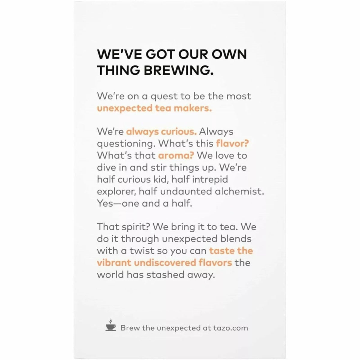 TAZO Wild Sweet Orange ingredients featuring lemongrass and citrus notes for a bright brew