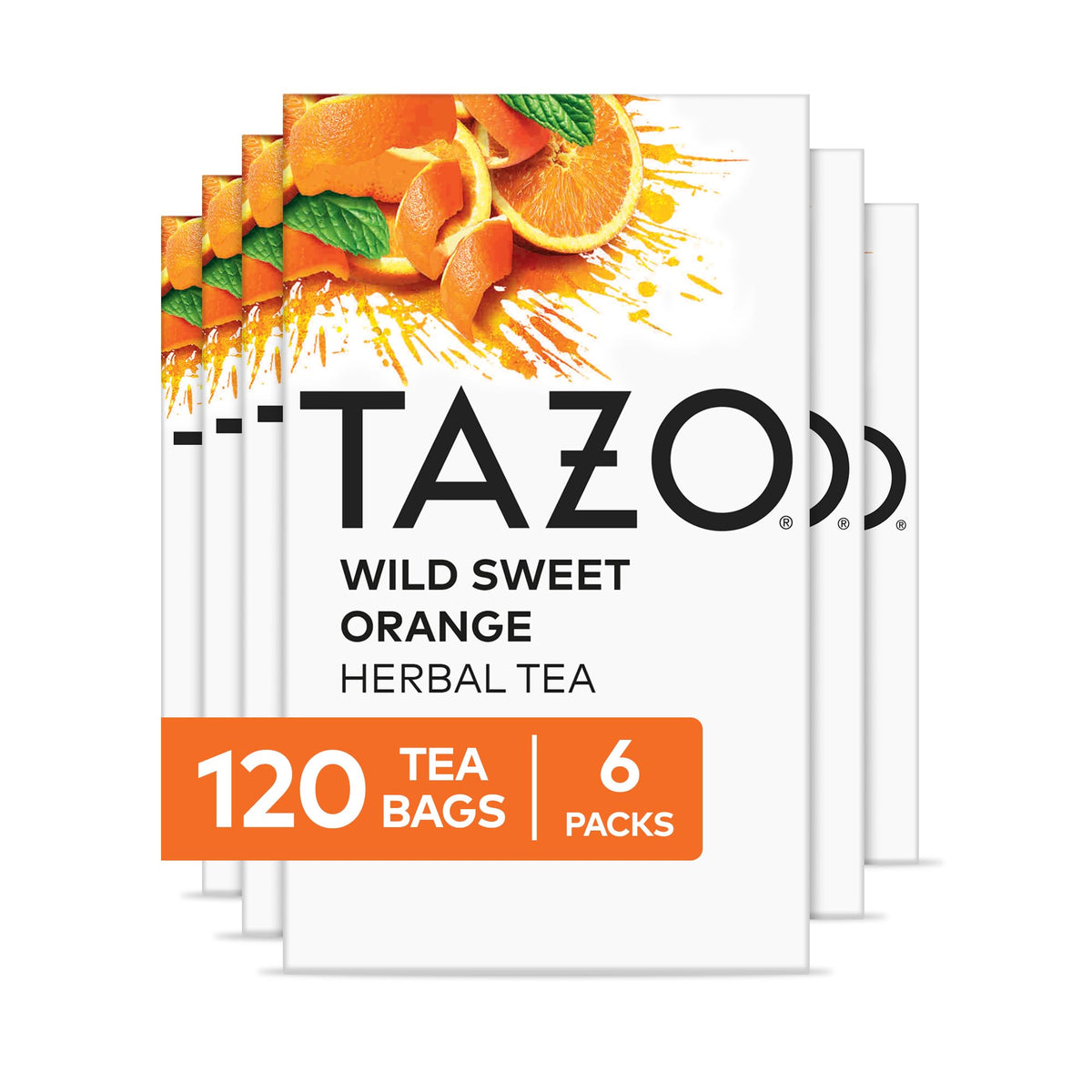 TAZO Wild Sweet Orange Tea Bags box front showing six 20-count boxes, caffeine-free blend.
