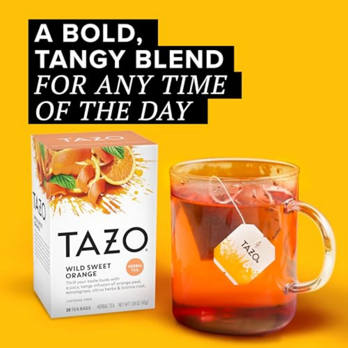 TAZO Wild Sweet Orange tea bag steeping in a cup for hot or iced refreshment.
