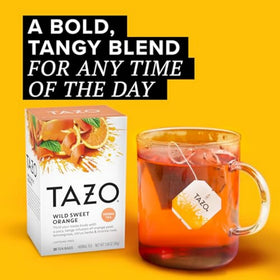 TAZO Wild Sweet Orange tea bag steeping in a cup for hot or iced refreshment.