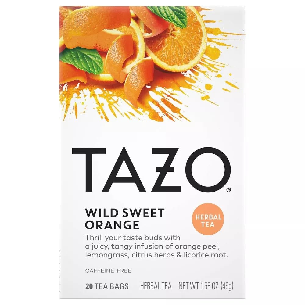 TAZO Wild Sweet Orange tea bags in a box highlighting caffeine-free citrus moments