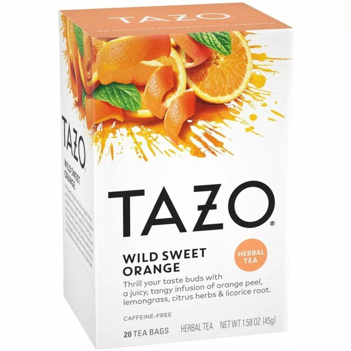 TAZO Wild Sweet Orange box displaying the citrus herbal blend for refreshment