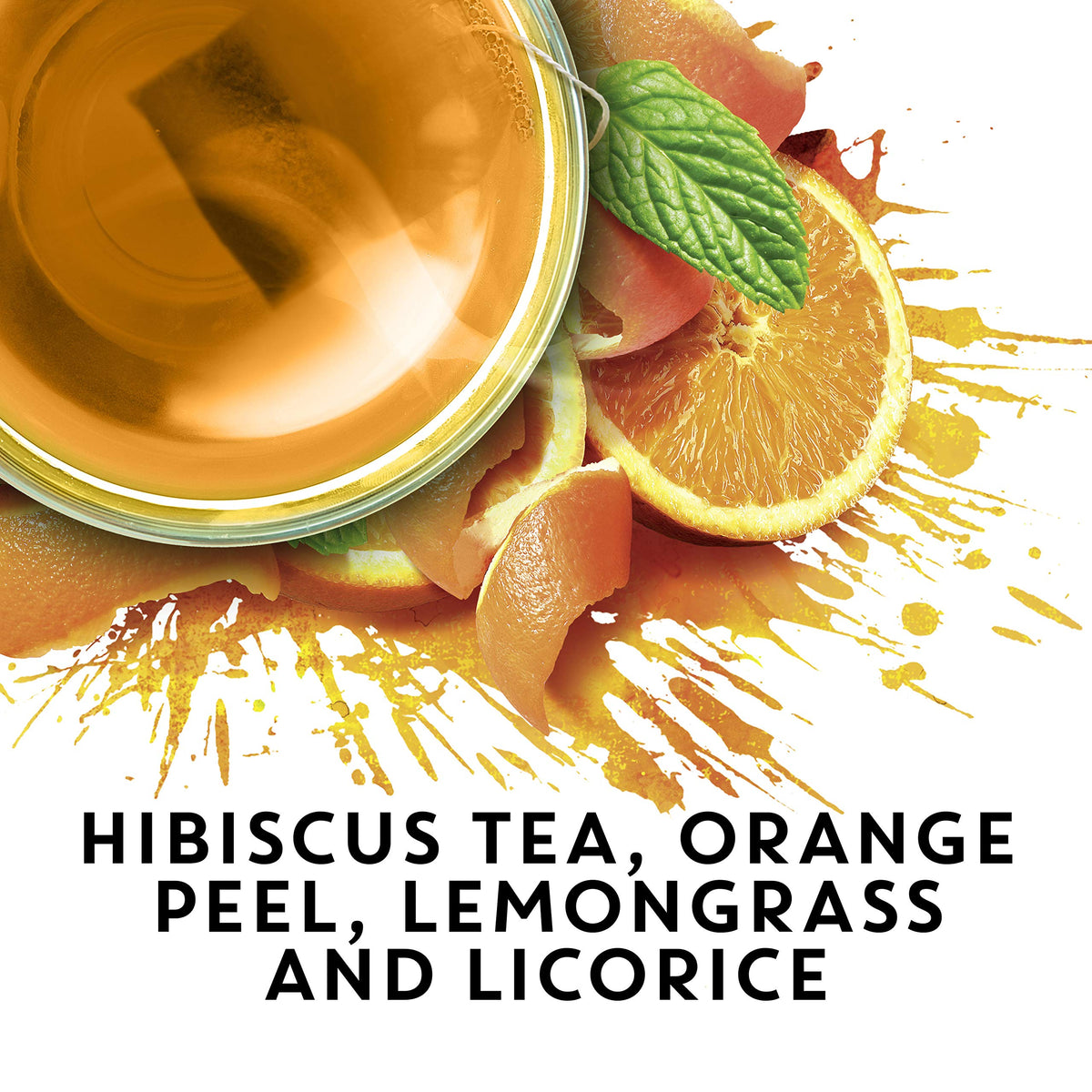 TAZO Wild Sweet Orange ingredients like lemongrass and hibiscus for a bright, citrusy aroma.