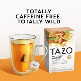 TAZO Wild Sweet Orange packaging highlights kosher and non-GMO certifications.
