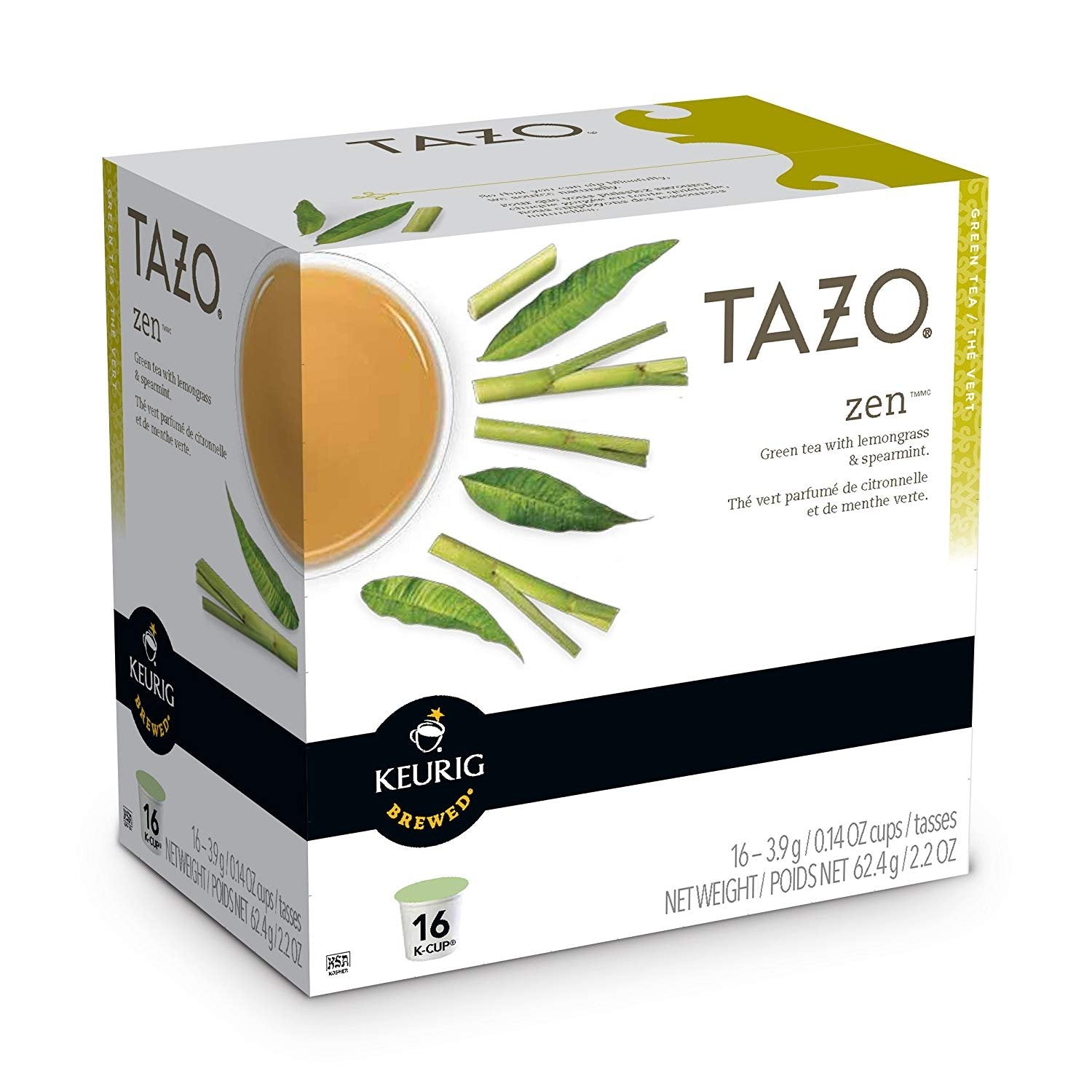 TAZO Zen Green Tea K-Cups pack shot for quick, calm brewing.