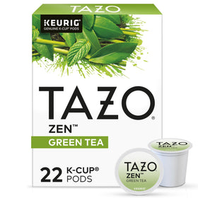 TAZO Zen Green Tea K-Cups box on kitchen shelf for quick serenity
