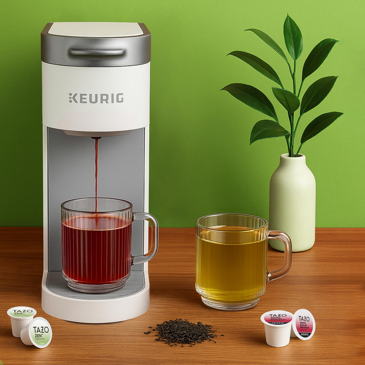 Steaming cup of Zen Green Tea brewed from TAZO K-Cups
