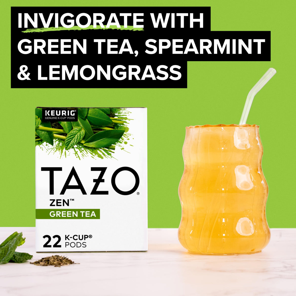 Fresh spearmint beside TAZO Zen Green Tea K-Cups