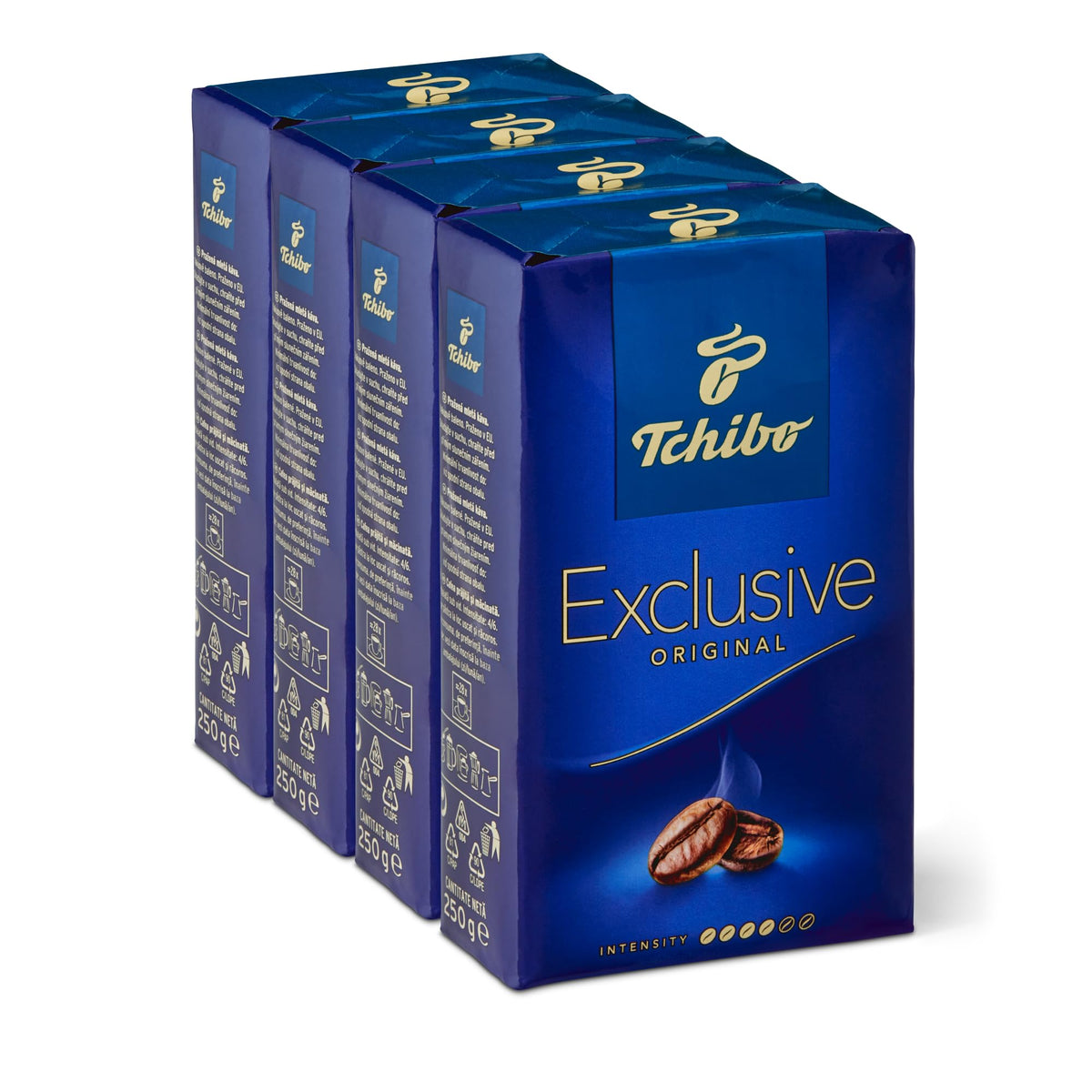 Tchibo Exclusive coffee grounds in a vacuum pack preserve aroma for a fresher morning cup.