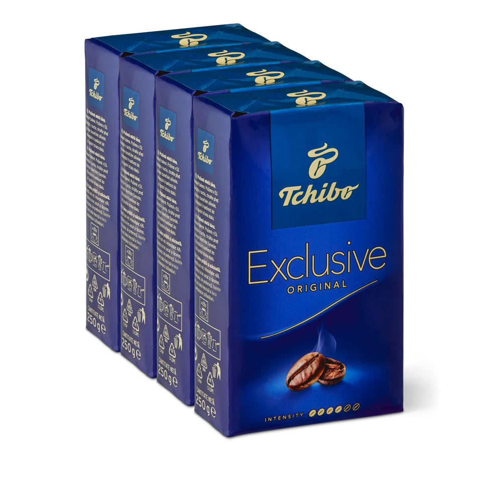 Tchibo Exclusive coffee grounds in a vacuum pack preserve aroma for a fresher morning cup.