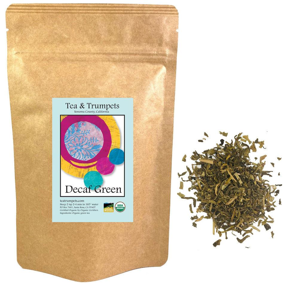 Tea & Trumpets loose-leaf decaf green tea leaves for a smooth, caffeine-light afternoon cup.