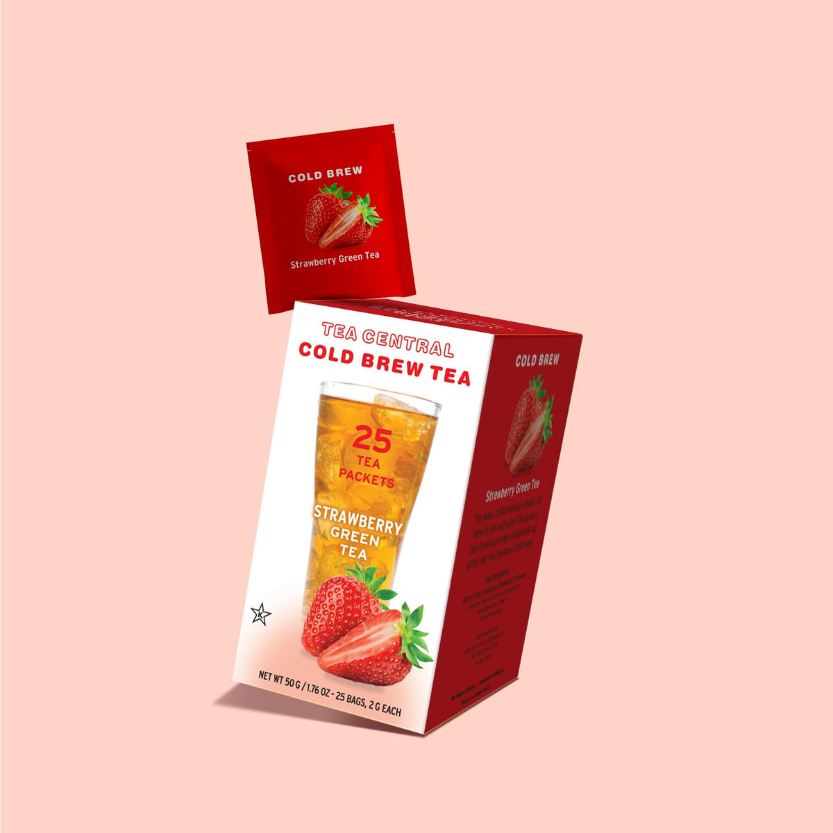 Tea Central Strawberry Green Iced Tea packaging highlights plastic-free, sustainable sourcing.