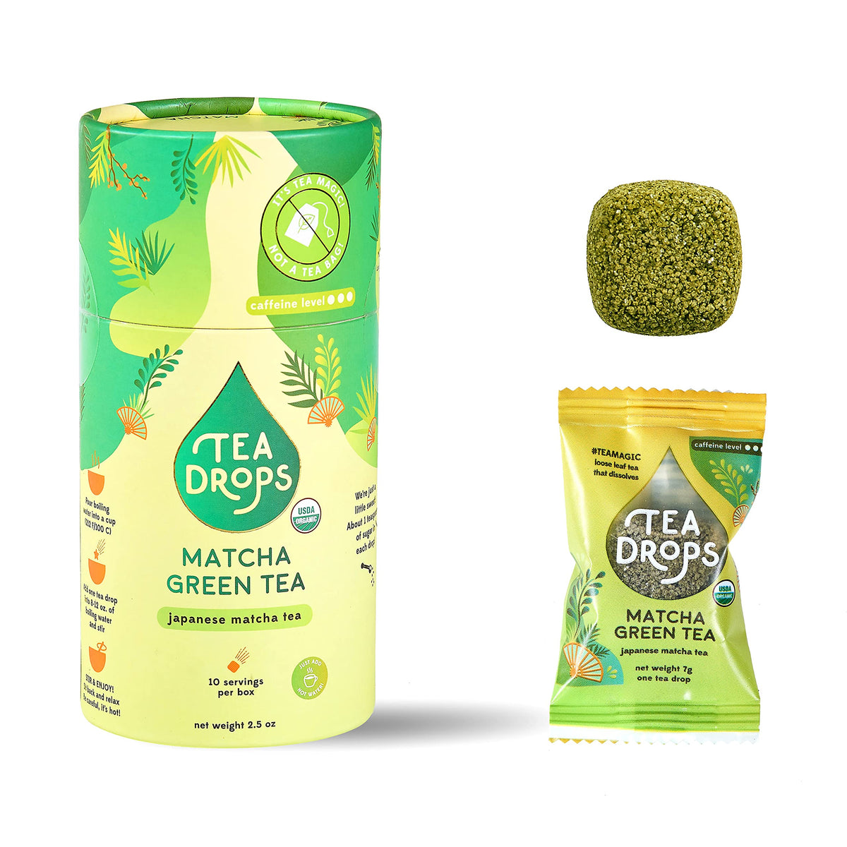 Tea Drops Matcha Green Organic 10-count packaging ready for quick, convenient tea moments.
