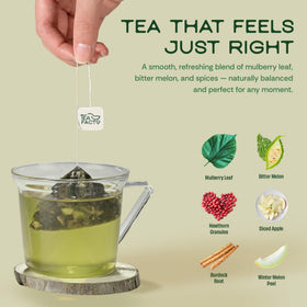 Tea Facto bitter melon tea bag steeping in hot water for a soothing brew