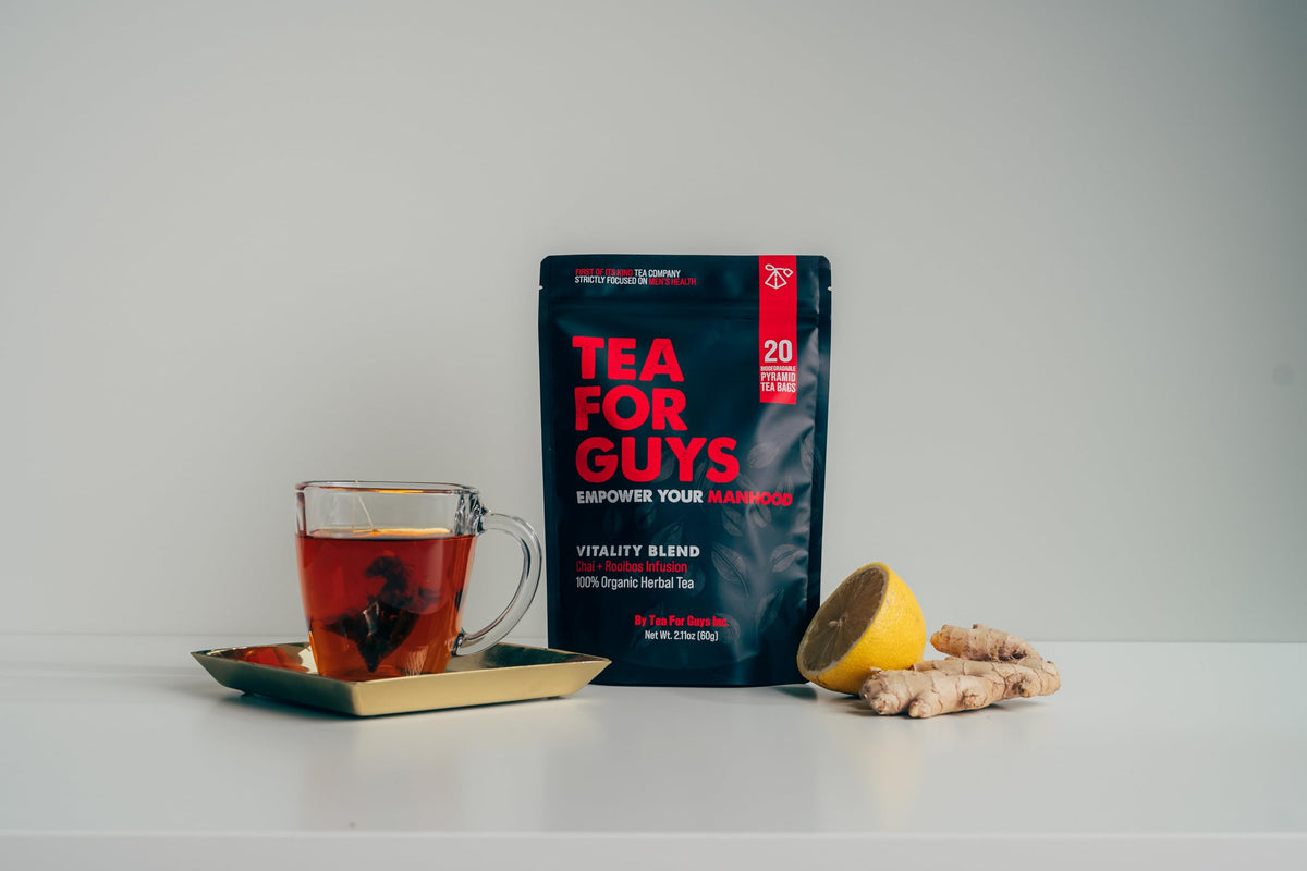 Tea For Guys Vitality Blend brew setup with kettle and timer.