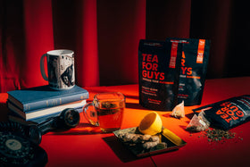 Tea For Guys Vitality Blend ingredients closeup including ashwagandha and saw palmetto.