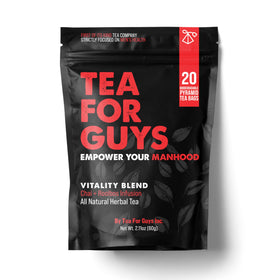 Tea For Guys Vitality Blend tea bags in a mug for daily energy.