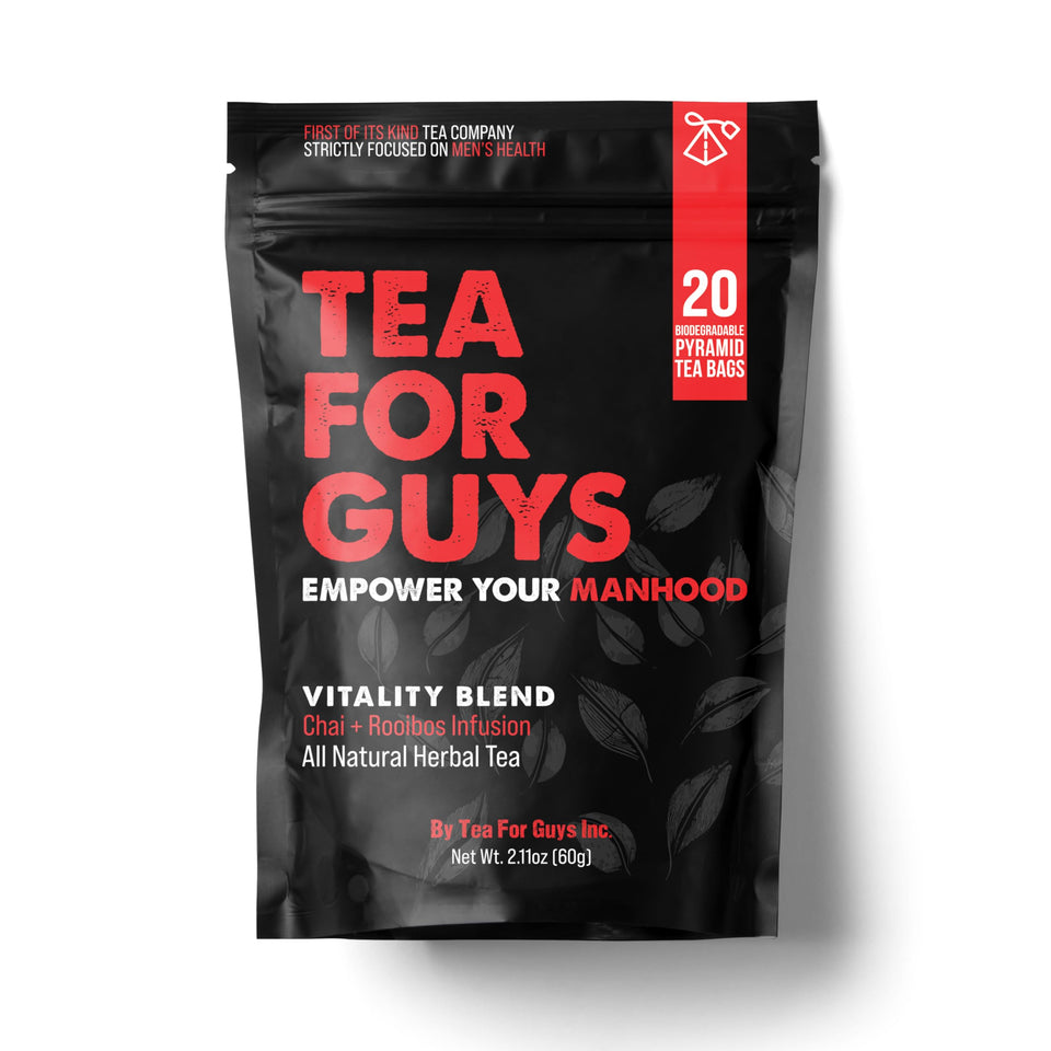 Tea For Guys Vitality Blend tea bags in a mug for daily energy.