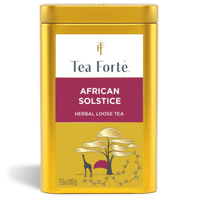 Tea Forte African Solstice canister closeup highlighting premium steel packaging preserving freshness.