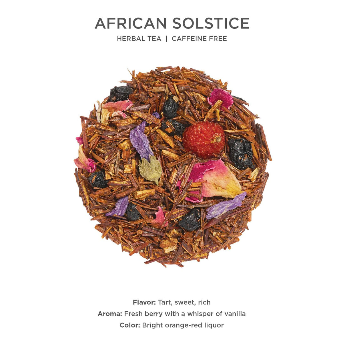 Tea Forte African Solstice ingredients featuring rooibos and berries for rich flavor.