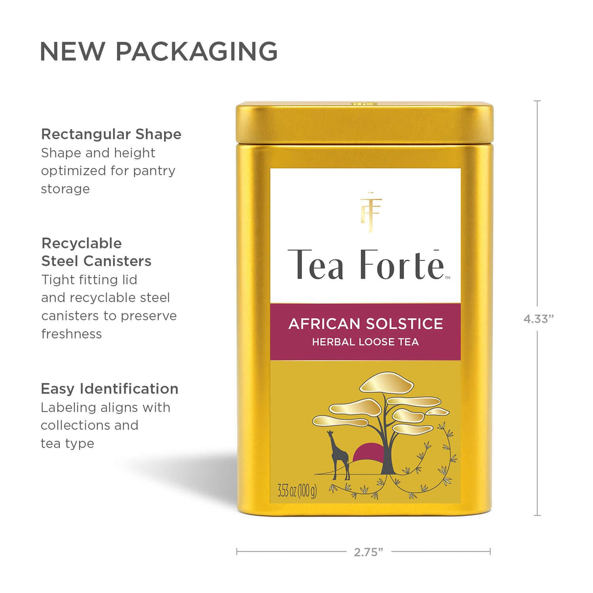 Tea Forte African Solstice shelf display showcases elegant canister design.