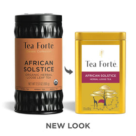 Tea Forte African Solstice tea in infuser showcasing caffeine-free rooibos and berry aroma.