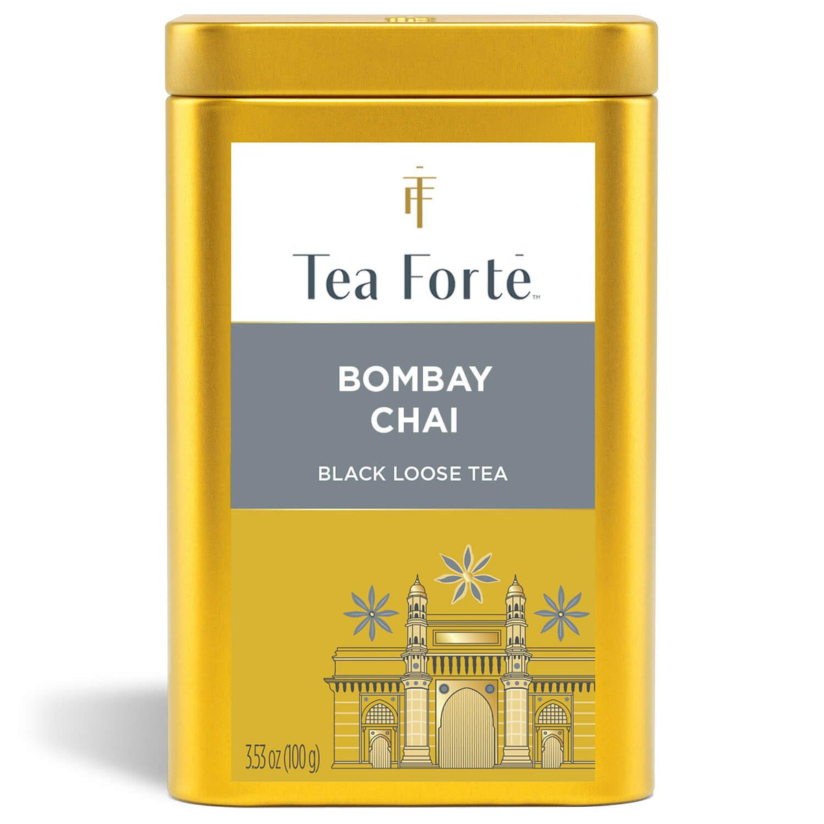 Tea Forte Bombay Chai canister closeup highlighting premium packaging that preserves freshness