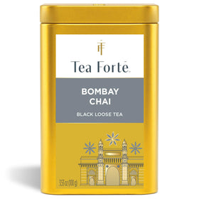 Tea Forte Bombay Chai canister closeup highlighting premium packaging that preserves freshness