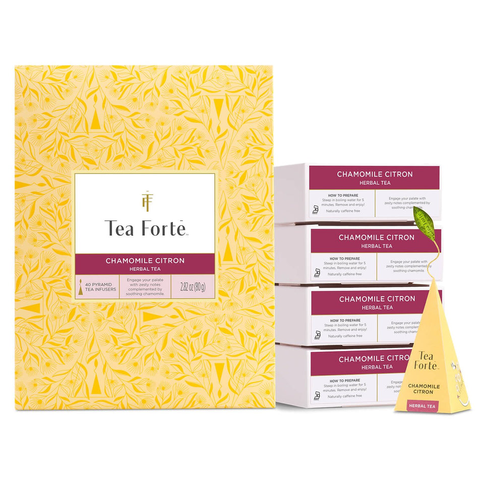 Tea Forte Chamomile Citron event box with 40 pyramid infusers for gatherings