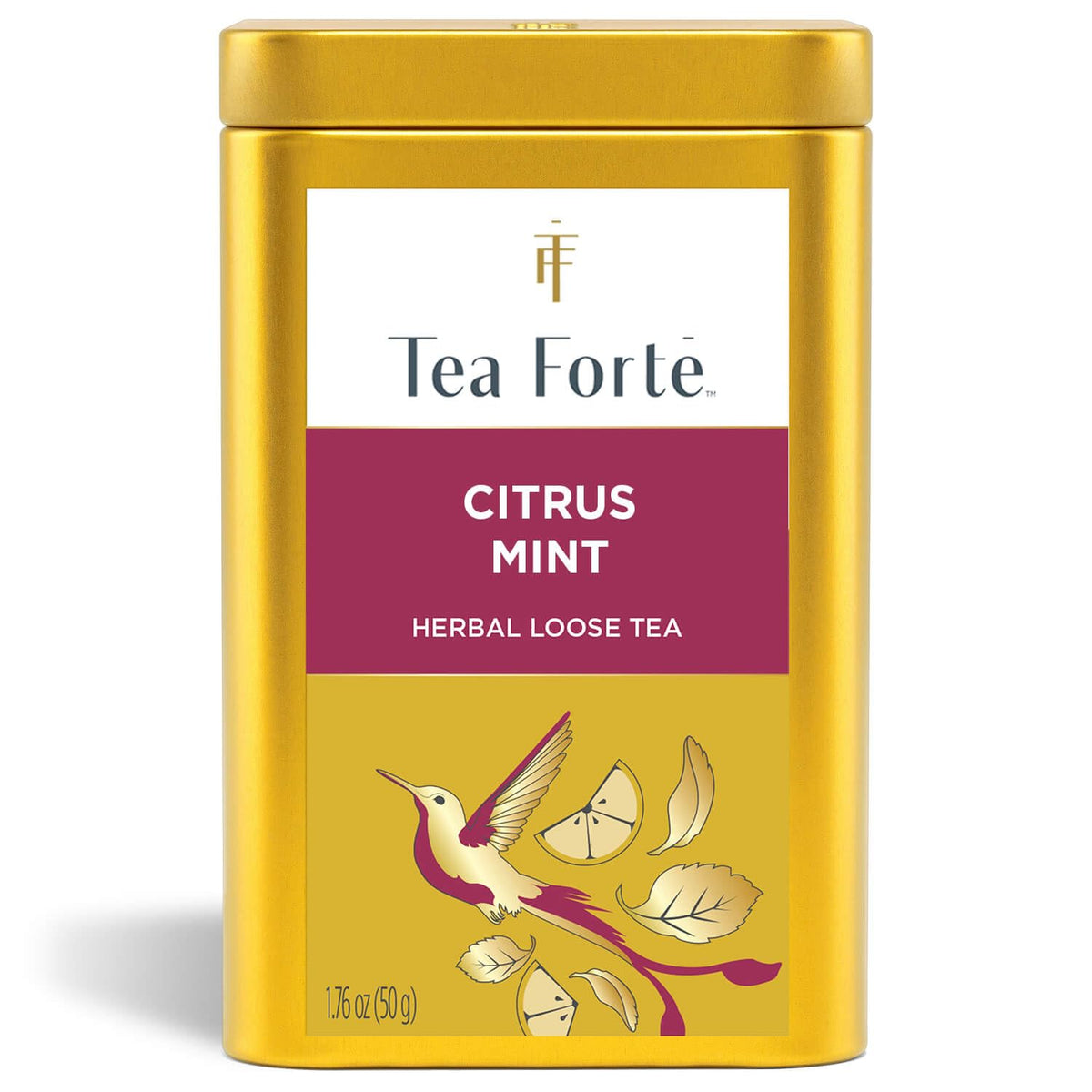 Tea Forte Citrus Mint canister artwork highlighting premium design and sustainability.