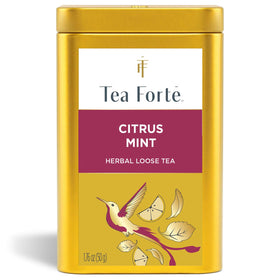 Tea Forte Citrus Mint canister artwork highlighting premium design and sustainability.