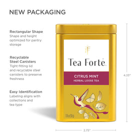 Tea Forte Citrus Mint packaging emphasizes sustainability and elegant branding.