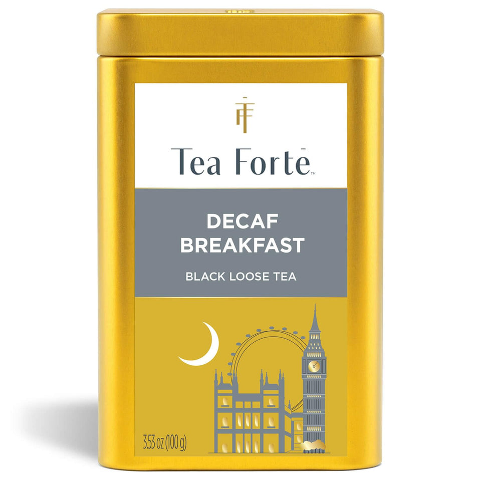 Tea Forte Decaf Breakfast canister front view highlighting premium packaging for daily tea rituals