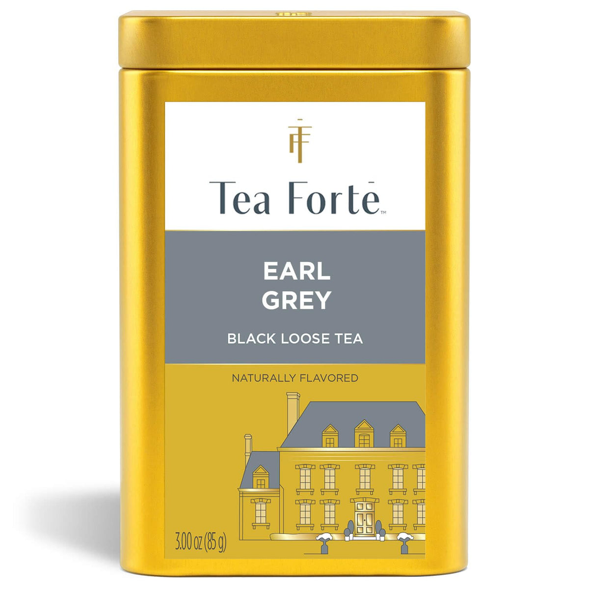 Tea Forte Earl Grey canister with artwork preserves freshness while elevating deskside aesthetics.
